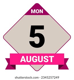 5 August, Monday. Date template. Useful design for calendar or event promotion. Vector illustration EPS 10 File. Isolated on white background. 