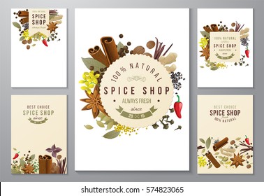 5 backgrounds with paper emblems and different spices