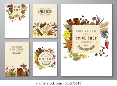 5 backgrounds with paper emblems and different spices