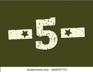 5 badge number Military, Army design with star on camouflage background. Grungy font vector illustration