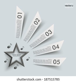 5 banners with black star and music notes on the grey background. Eps 10 vector file.