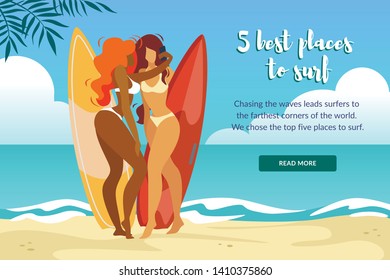 5 Best Places to Surf Horizontal Banner with Sexy Girls in Bikini Posing and Making Selfie with Surfer Boards Standing at Seaside. Summertime Leisure, Sport, Vacation Cartoon Flat Vector Illustration.