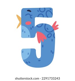 5 bird number. Five numeral with eyes, beak and wings cute cartoon vector illustration