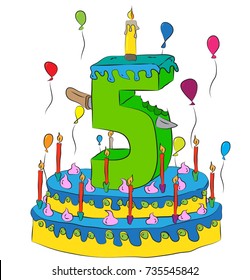 5 Birthday Cake With Number Five Candle, Celebrating Fifth Year of Life, Colorful Balloons and Chocolate Frosting