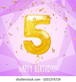 5 Birthday greeting card golden balloon and confetti, vector illustration