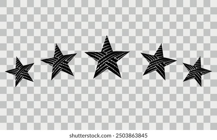 5 black stars rating vector illustration isolated on transparent background. Grunge stars arranged in an arch for web or application