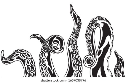 5 Black Tentacles from depths of the sea, hand drawn 
