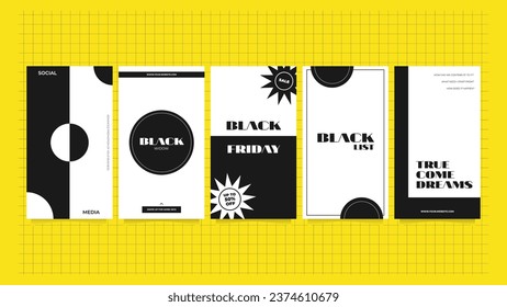 5 Afiches De Medios Blancos Y Negros. 5 Resumen Diseño Sobreposiciones en colores blanco y negro en un diseño abstracto y minimalista con formas.