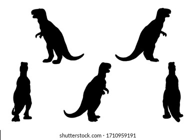 5 black and white set vector dinosaur tyrannosaurus dino silhouette isolated on white background