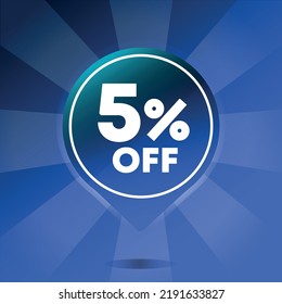 5% blue discount sign, with lights in the background in different shades of blue. discount pin for product sales and promotions