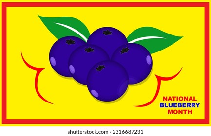 5 blueberries with 2 leaves and red square frame and bold text commemorating the NATIONAL BLUEBERRY MONTH on July
