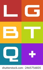 5 bold letters, L, G, B, T, Q are prominently displayed against colored backgrounds in a striking visual identity representing diversity and inclusivity of community. Nice for sticker or graphic sign.