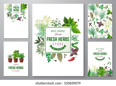 5 bright backgrounds with fresh herbs and store emblems