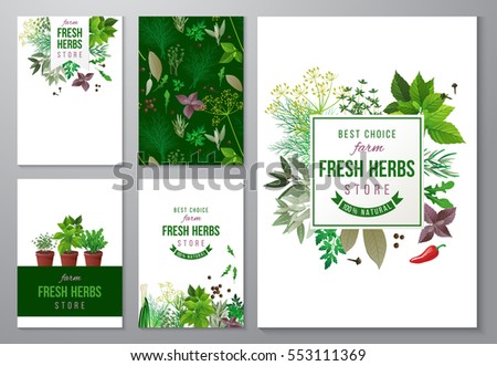 5 bright backgrounds with fresh herbs and store emblems