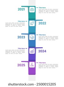 5 Business Milestones. Vertical Infographic list Timeline Design Template. Business Presentation, Marketing, and Annual Report. Vector Illustration.