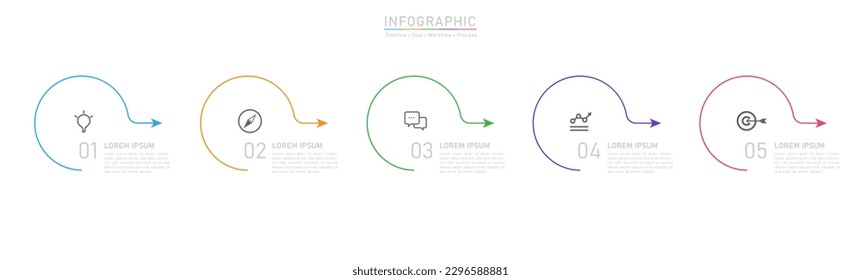 5 Business option infographic template. Minimal circle step workflow number icon presentations. Timeline diagram object vector.