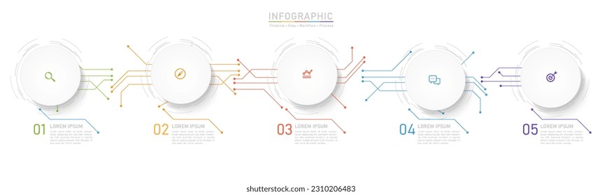 5 Business option infographic template. Minimal circle circuit step workflow number icon presentations. Timeline diagram object vector.