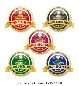 5 buttons on the white background.German text "Zins Sichern" and "Zins GÃ?Â?Ã?Â¼nstig", translate "Save Interest" and "Low Interest". Eps 10 vector file.