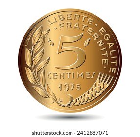 Moneda de 5 centavos hecha por Francia en 1975. Moneda francesa de cinco centavos invertida en un fondo blanco aislado. Ilustración vectorial.