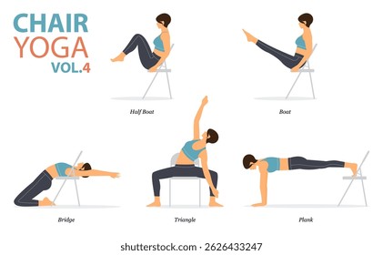 5 Chair Yoga poses for office syndrome or work from home in flat design. Woman exercise for strength on office chair. Set of asana postures fitness Infographic. Vector Illustration.