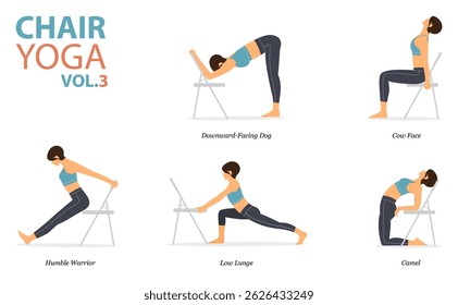 5 cadeira Yoga poses para síndrome de escritório ou trabalho de casa em design plano. Exercício da mulher para a força na cadeira de escritório. Conjunto de posturas asana fitness Infográfico. Ilustração de vetor.
