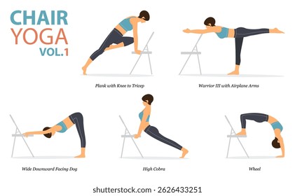 5 cadeira Yoga poses para síndrome de escritório ou trabalho de casa em design plano. Exercício da mulher para a força na cadeira de escritório. Conjunto de posturas asana fitness Infográfico. Ilustração de vetor.