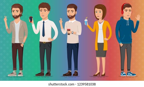 5 characters of men and a woman. Colorful vector illustration in flat style.