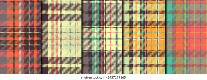 5 checkered geometric seamless patterns set with weaven texture. Colorful tartan plaid backgrounds