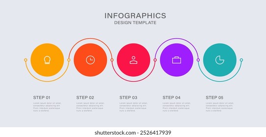 5 circles arranged in a row with a curved thin line. Infographic design template with 5 options, steps or processes