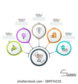 5 circles and pictograms in thin line style connected with main element, prize icon. Creative infographic design template. Characteristics of successful business strategy. Vector illustration.