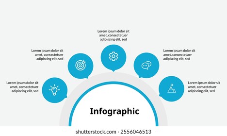 5 Circular Steps, Modern Infographic Template for Business, Marketing, or Educational Purposes. Minimal and Creative Design.