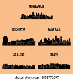 5 City Silhouette in Minnesota ( Minneapolis, Rochester, Saint Paul, St. Cloud, Duluth )