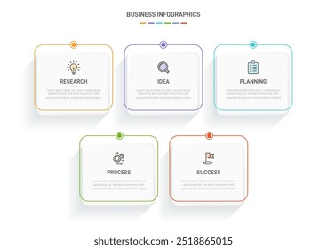 5 clean infographic design shaped elements template, symbolizing the five stages of business strategy and progression. Progress bar or timeline. Vector for presentation, web site or app.