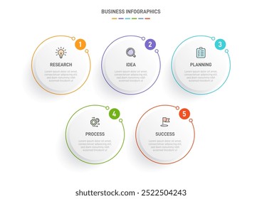 5 clean infographic design shaped elements template, symbolizing the five stages of business strategy and progression. Progress bar or timeline. Vector for presentation, web site or app.