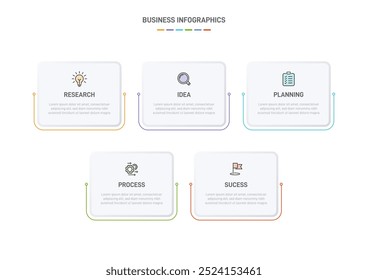 5 modelo de elementos em forma de design infográfico limpo, simbolizando os cinco estágios da estratégia de negócios e progressão. Barra de progresso ou linha do tempo. Vetor para apresentação, site ou aplicativo.