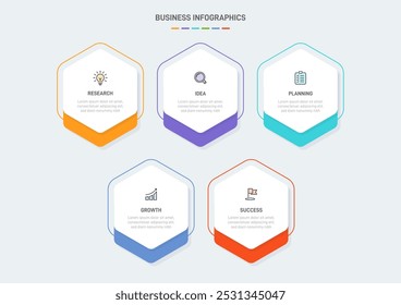 5 Plantilla de Elementos en forma de diseño infográfico limpio, que simboliza las cinco etapas de la estrategia y la progresión empresarial. Barra de progreso o línea de tiempo. Vector para presentación, Sitio web o App.