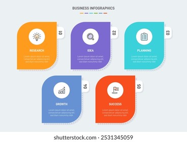 5 clean infographic design shaped elements template, symbolizing the five stages of business strategy and progression. Progress bar or timeline. Vector for presentation, web site or app.