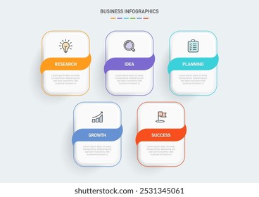 5 Plantilla de Elementos en forma de diseño infográfico limpio, que simboliza las cinco etapas de la estrategia y la progresión empresarial. Barra de progreso o línea de tiempo. Vector para presentación, Sitio web o App.