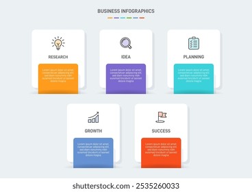 5 modelo de elementos em forma de design infográfico limpo, simbolizando os cinco estágios da estratégia de negócios e progressão. Barra de progresso ou linha do tempo. Vetor para apresentação, site ou aplicativo.