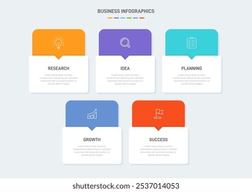 5 clean infographic design shaped elements template, symbolizing the five stages of business strategy and progression. Progress bar or timeline. Vector for presentation, web site or app.