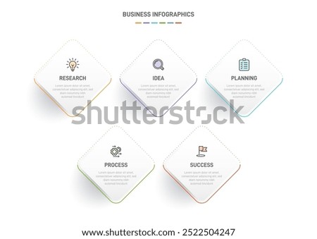 5 clean infographic design shaped elements template, symbolizing the five stages of business strategy and progression. Progress bar or timeline. Vector for presentation, web site or app.