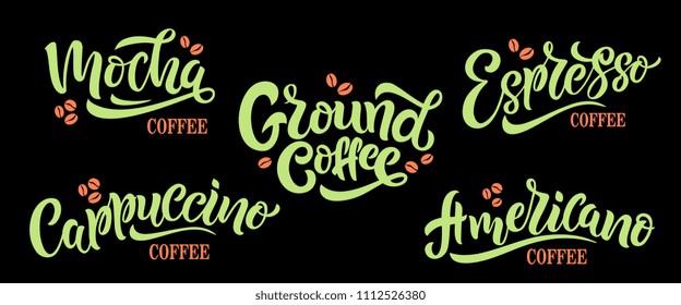 5 Coffee Quotes. Vector text. Set of vector inscriptions.Typography vector design for a coffee house. Design template celebration. Vector illustration.