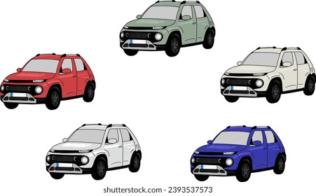 5 ilustraciones de dibujos animados de coches de casco de 5 colores