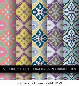 5 color patterns flowers background design. floral pattern in grid and seamless pattern design