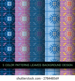 5 color patterns leaves background design and seamless leaves grid pattern.