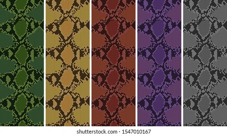 5 color python pixel pattern. Vector illustration. Yellow, green, red, purple, gray.