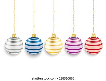 5 colored christmas baubles on the red background. Eps 10 vector file.