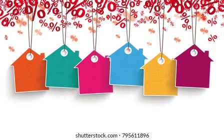 5 colored price sticker houses with red percents on the white background. Eps 10 vector file.