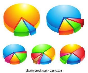 5 colorful 3d pie graphs isolated on white