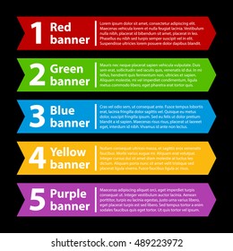 5 colorful banners with numbers and text.
